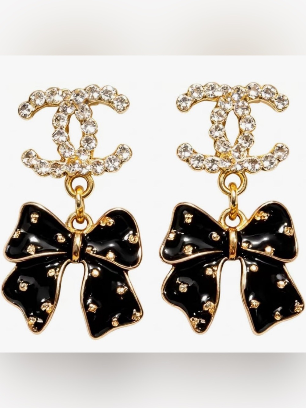 NEW Black Enamel Bow Crystal Drop Earrings | Gold Plated